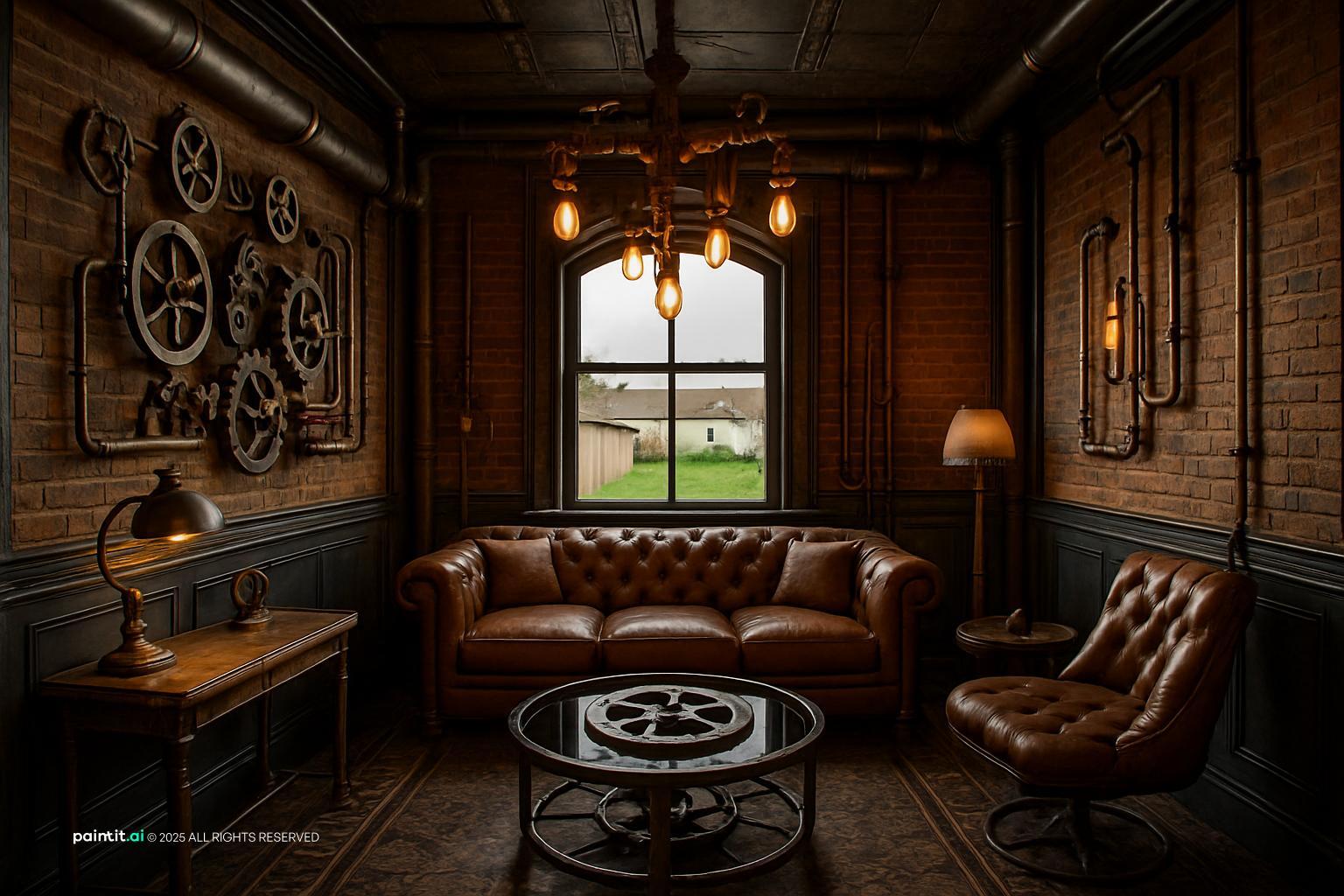 Dark living room with a brown leather Chesterfield, industrial lighting and a wing chair