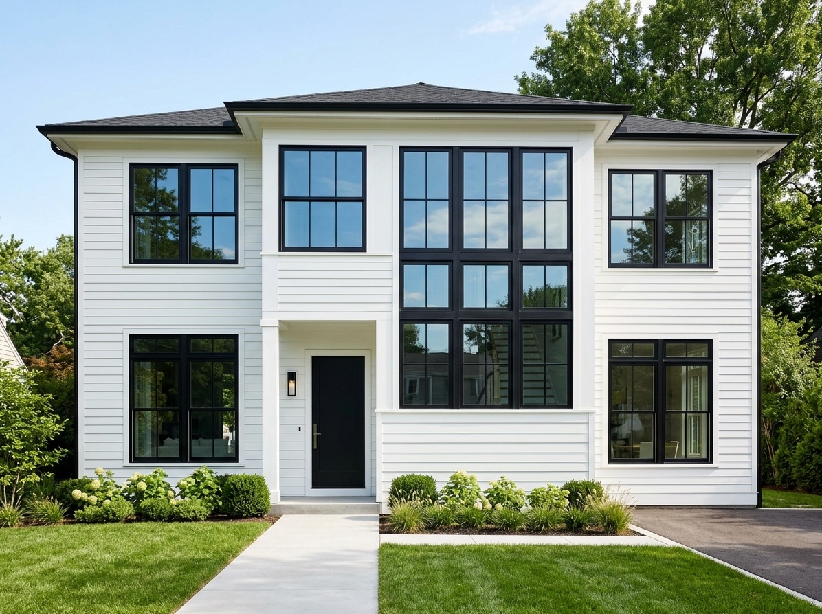 White house exterior with bold black window frames as the main  design focal point, minimal black corner trim