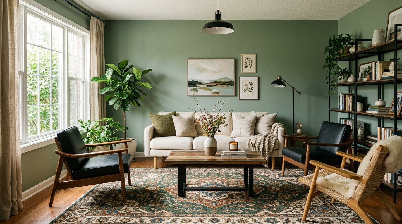 living room with mid-tone sage green walls, cream upholstered sofa, patterned area rug