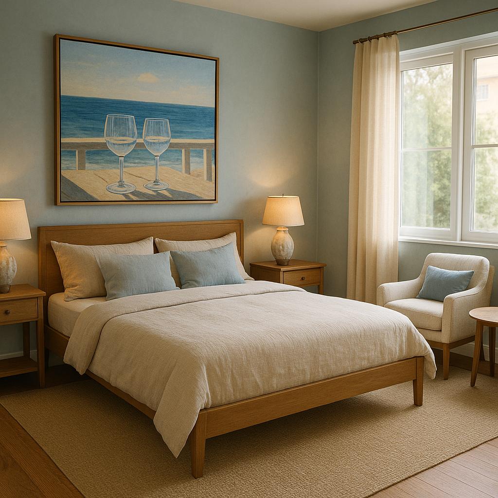 Tranquil seaside living room design, featuring natural light and coastal decor, perfect for a relaxed beach house atmosphere.