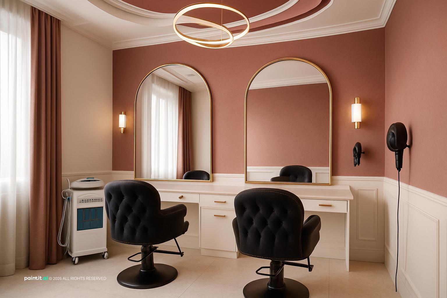 Beauty salon in blush pink with arched gold mirrors, black tufted chairs and a circular ceiling light
