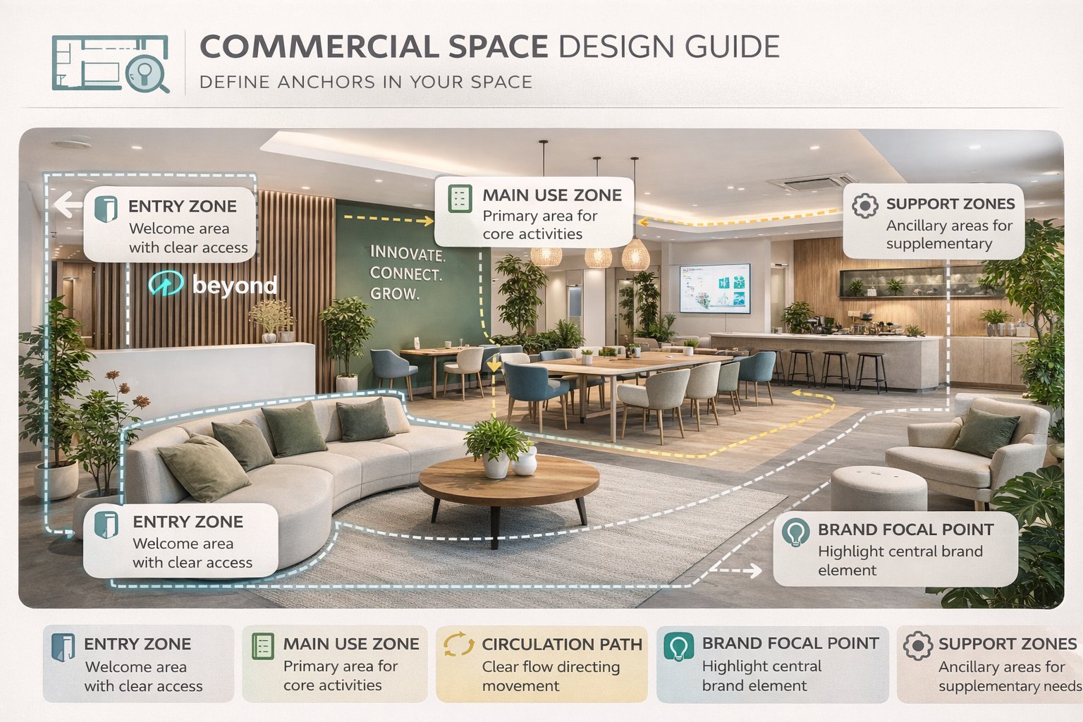 Educational commercial space diagram showing entry zone, main use zone, circulation, brand focal point, and support zones