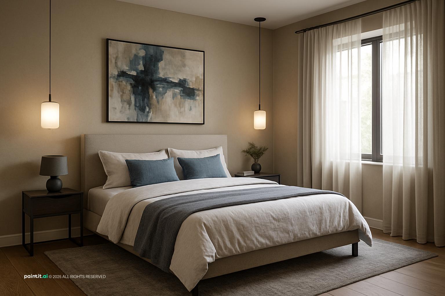 Contemporary bedroom with neutral bedding, a navy throw, pendant bedside lights and a large abstract painting