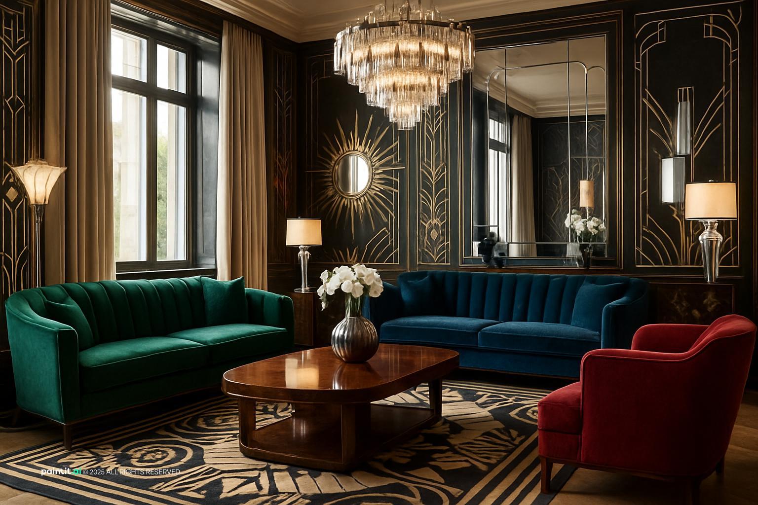 Art Deco living room with teal, navy and red velvet seating, dark paneling and a crystal chandelier