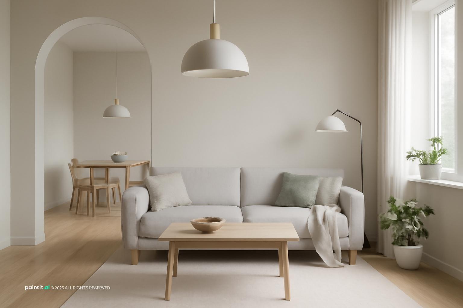 Scandinavian living room with an arched doorway, a gray sofa, a pendant lamp and an oak coffee table