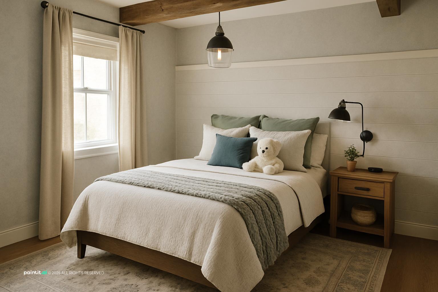 New England coastal Colonial interior with painted wood navy accents and natural light 4