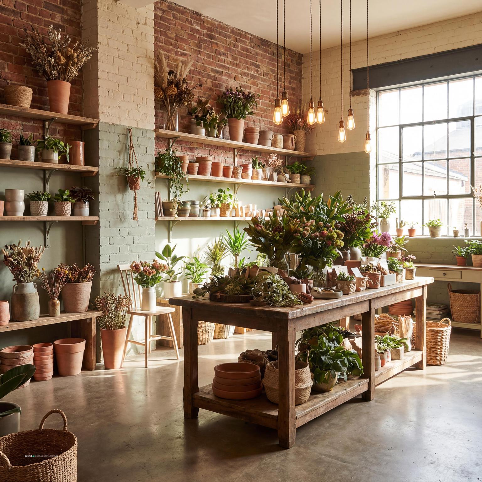Small flower and plant shop with brick walls, reclaimed wood shelving and potted plants on display