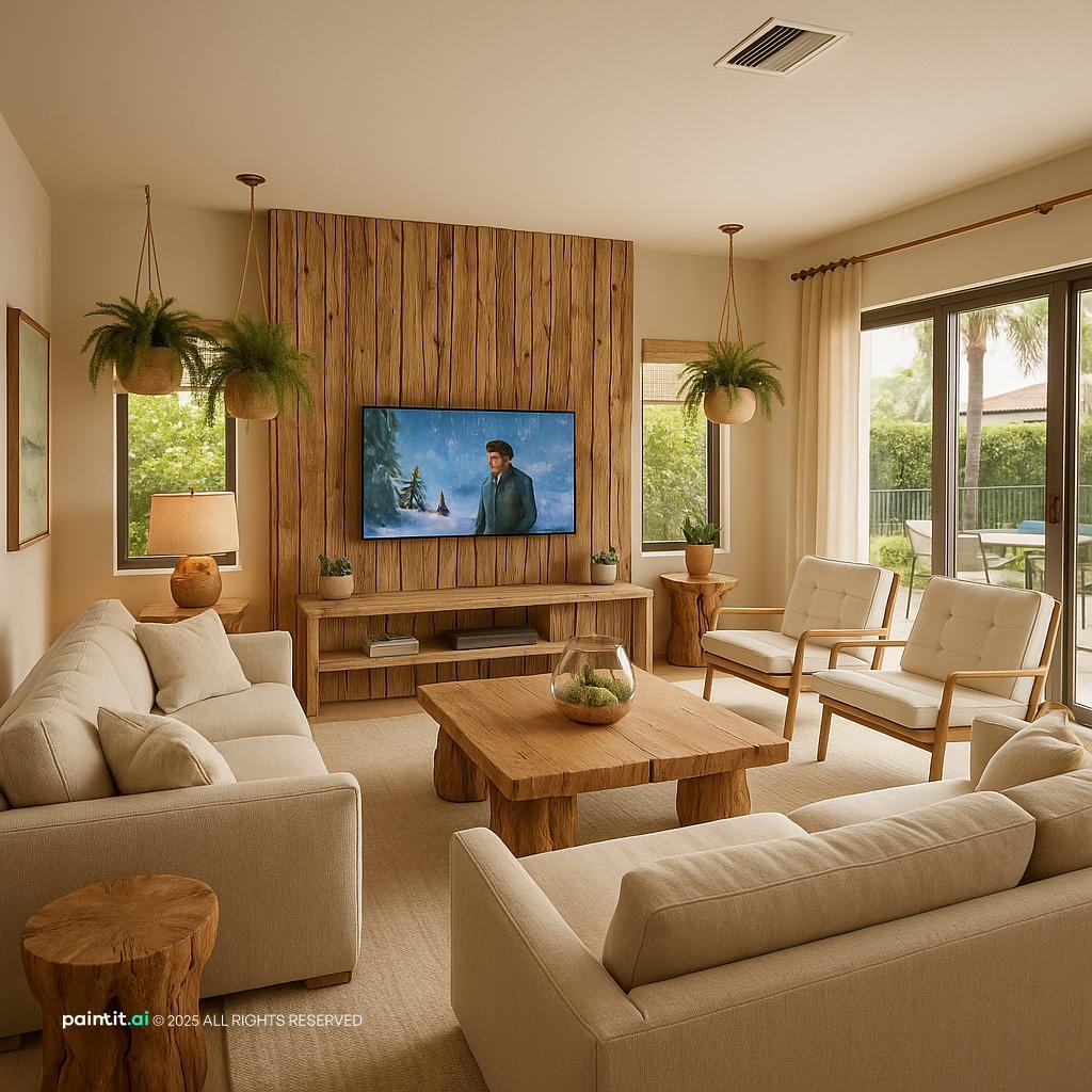 Miami-inspired living room with a wood-paneled TV wall, cream seating, rattan and plants
