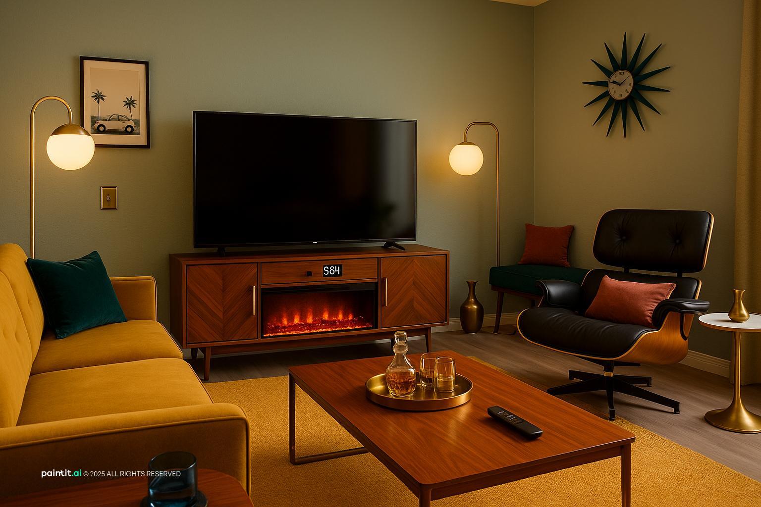 1960s-style living room with a mustard sofa, a leather lounge chair, a walnut console and a sunburst wall clock