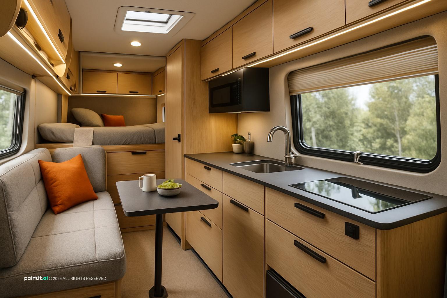Campervan interior with a compact galley kitchen, cushioned seating and a window