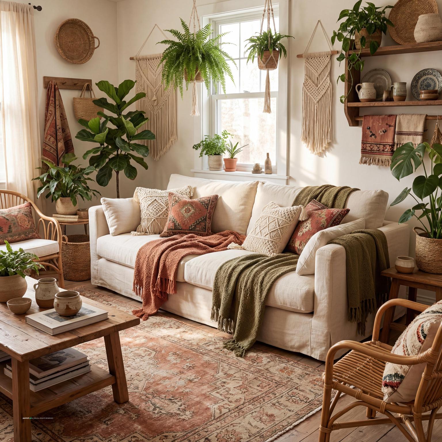 Cozy Bohemian dark cottagecore living room, layering plush textures, vintage finds, and rich, earthy tones for a warm, eclectic feel.