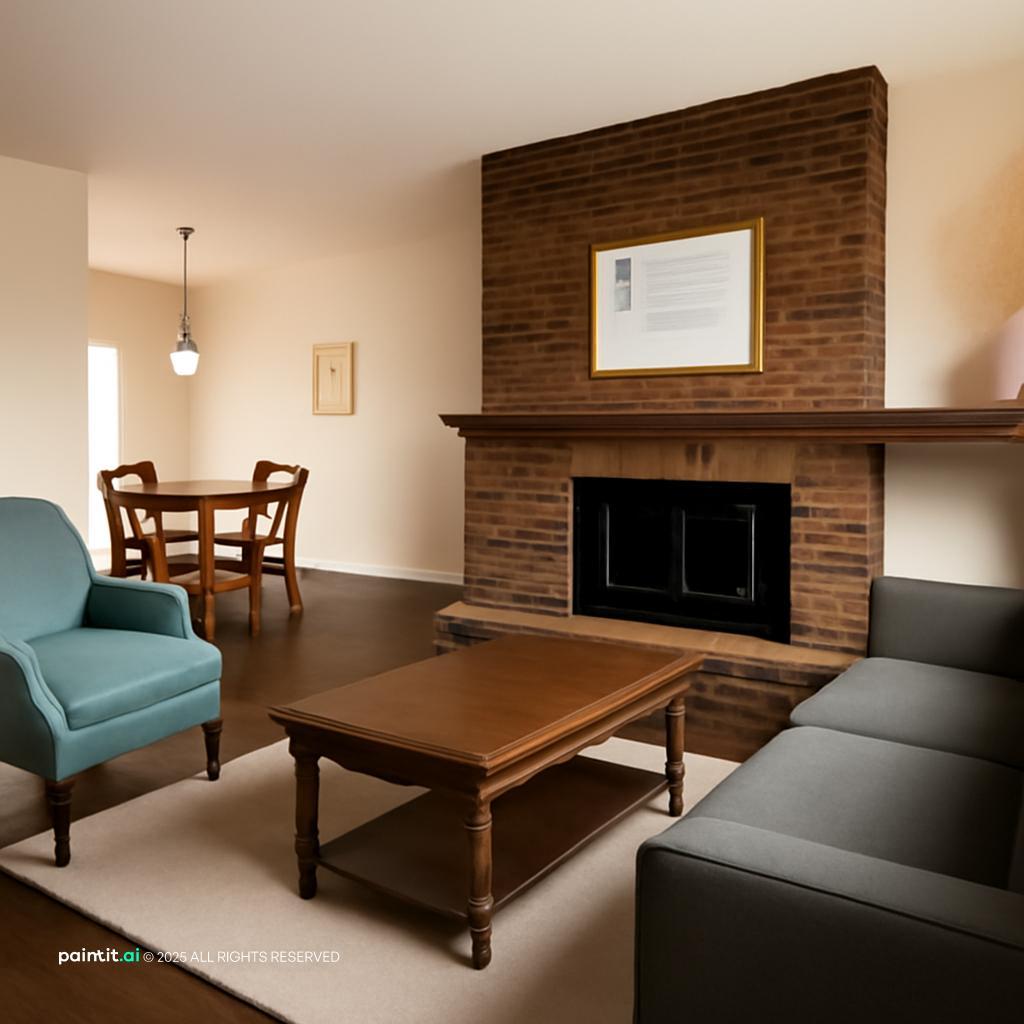 Living room with a brick fireplace, off-white walls, a dark gray sofa, a teal armchair and a wooden coffee table
