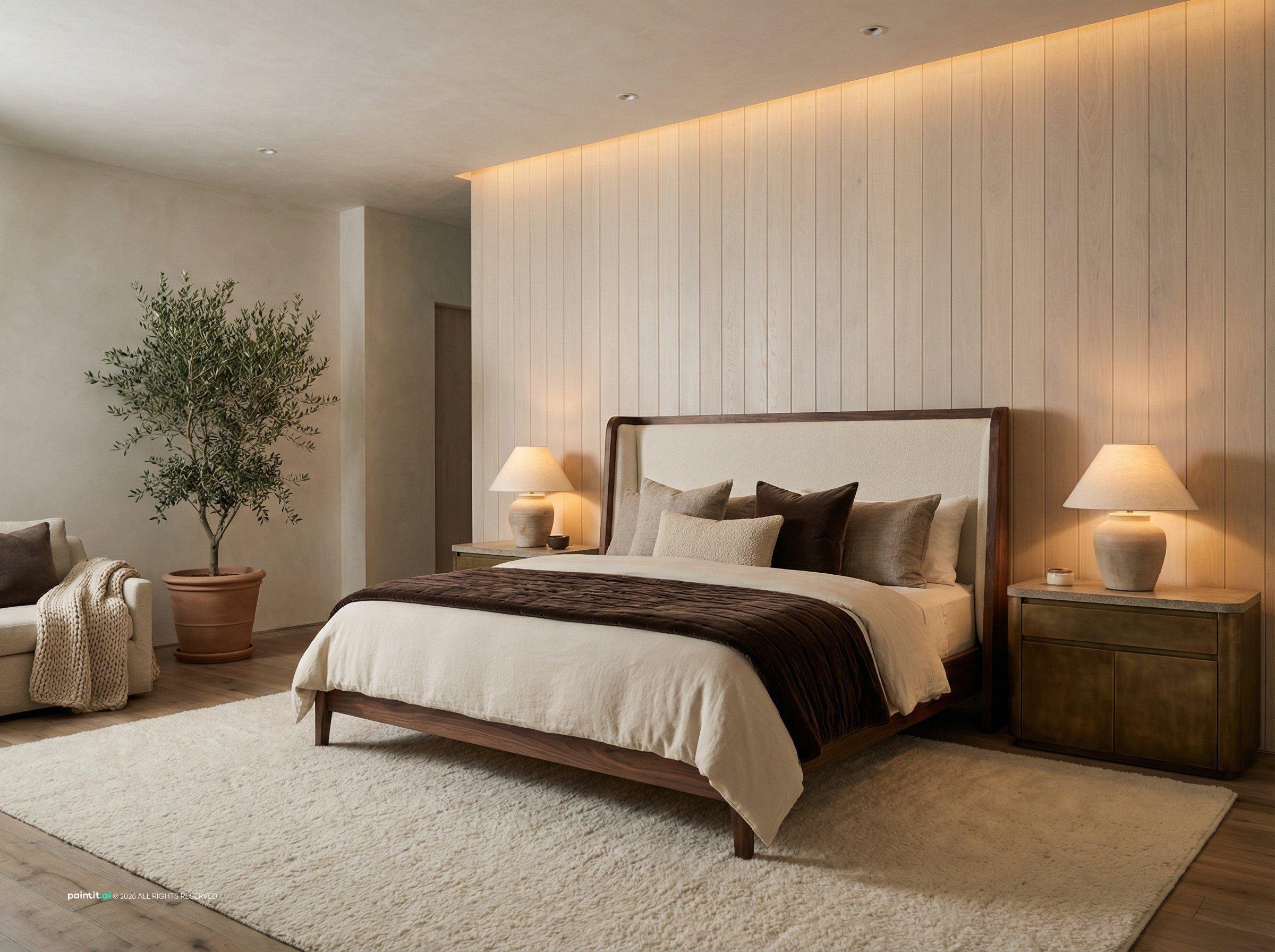 Hotel bedroom with a pale oak panelled wall behind an upholstered walnut bed, cream bedding and an olive tree