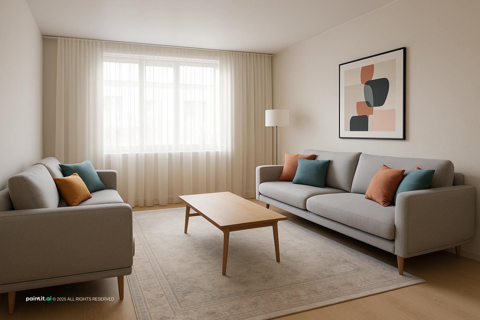 Traditional living room with two soft gray sofas facing each other, a wooden coffee table and colorful cushions