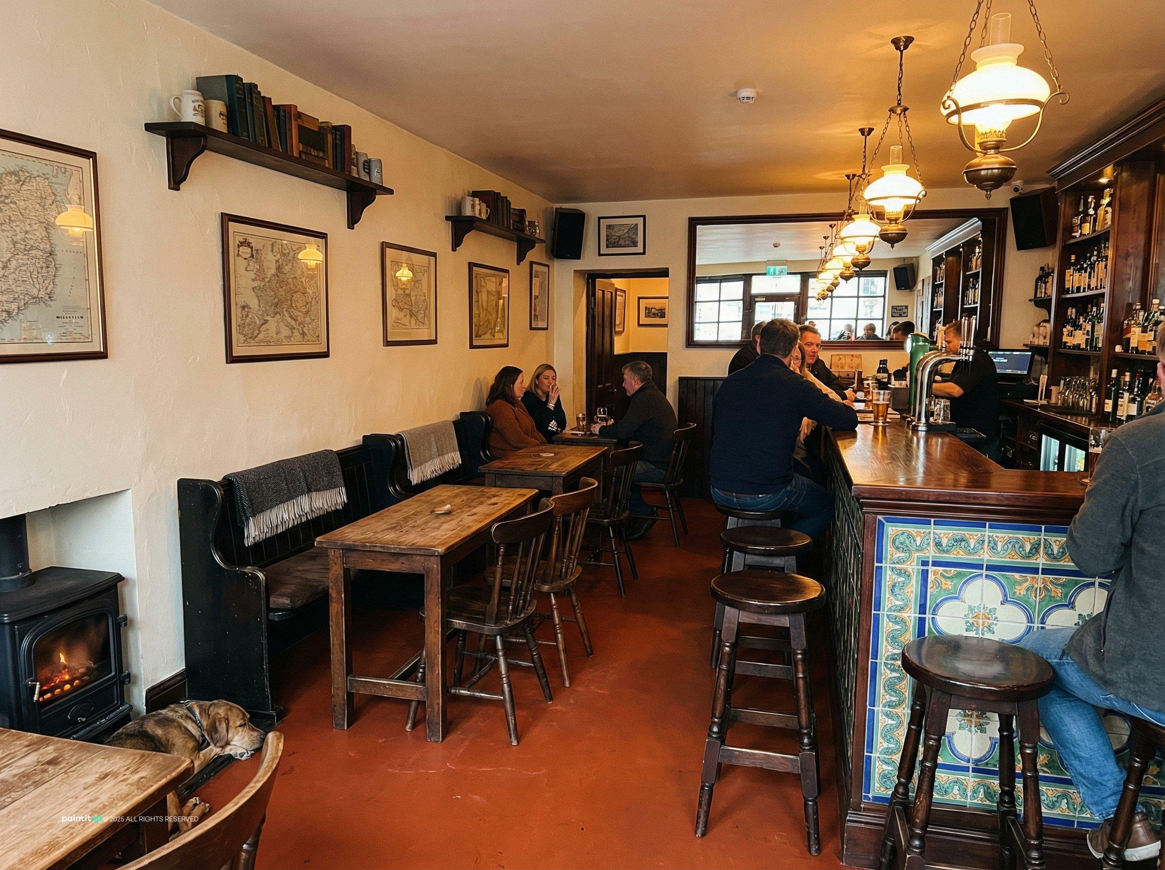 Small Irish pub with cream walls, a tiled bar front, framed pictures and a stove