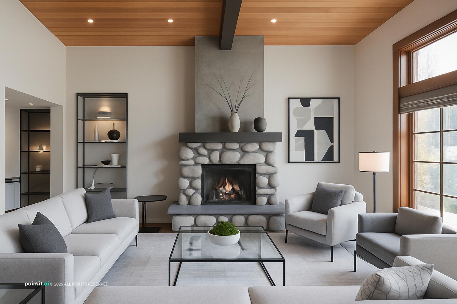 Modern craftsman living room with a fireplace anchor and neutral palette
