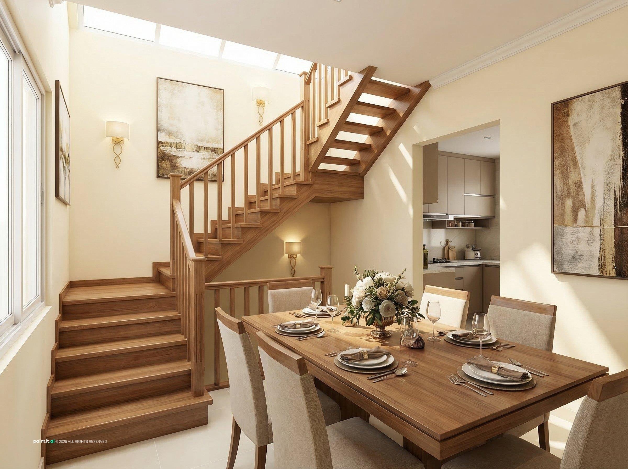 Duplex staircase and dining room under a skylight
