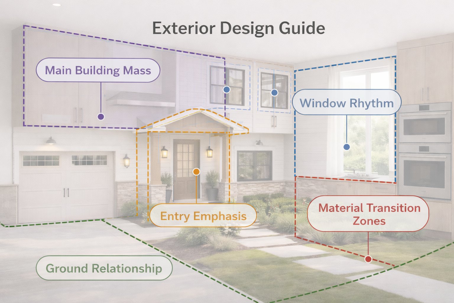 Educational exterior diagram showing main mass, entry emphasis, window rhythm, material transitions, and ground relationship