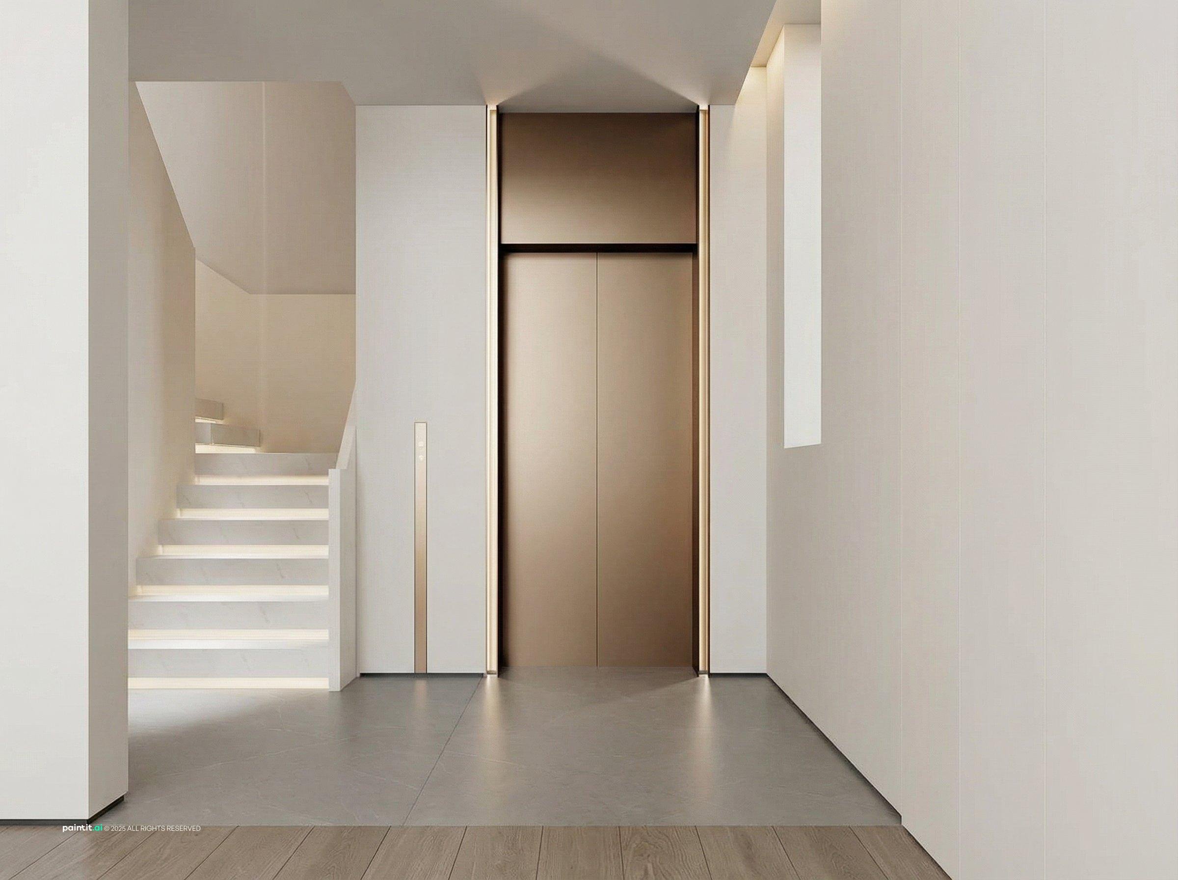 Minimal white stair and lift area with a simple metal lift door and no extra railings