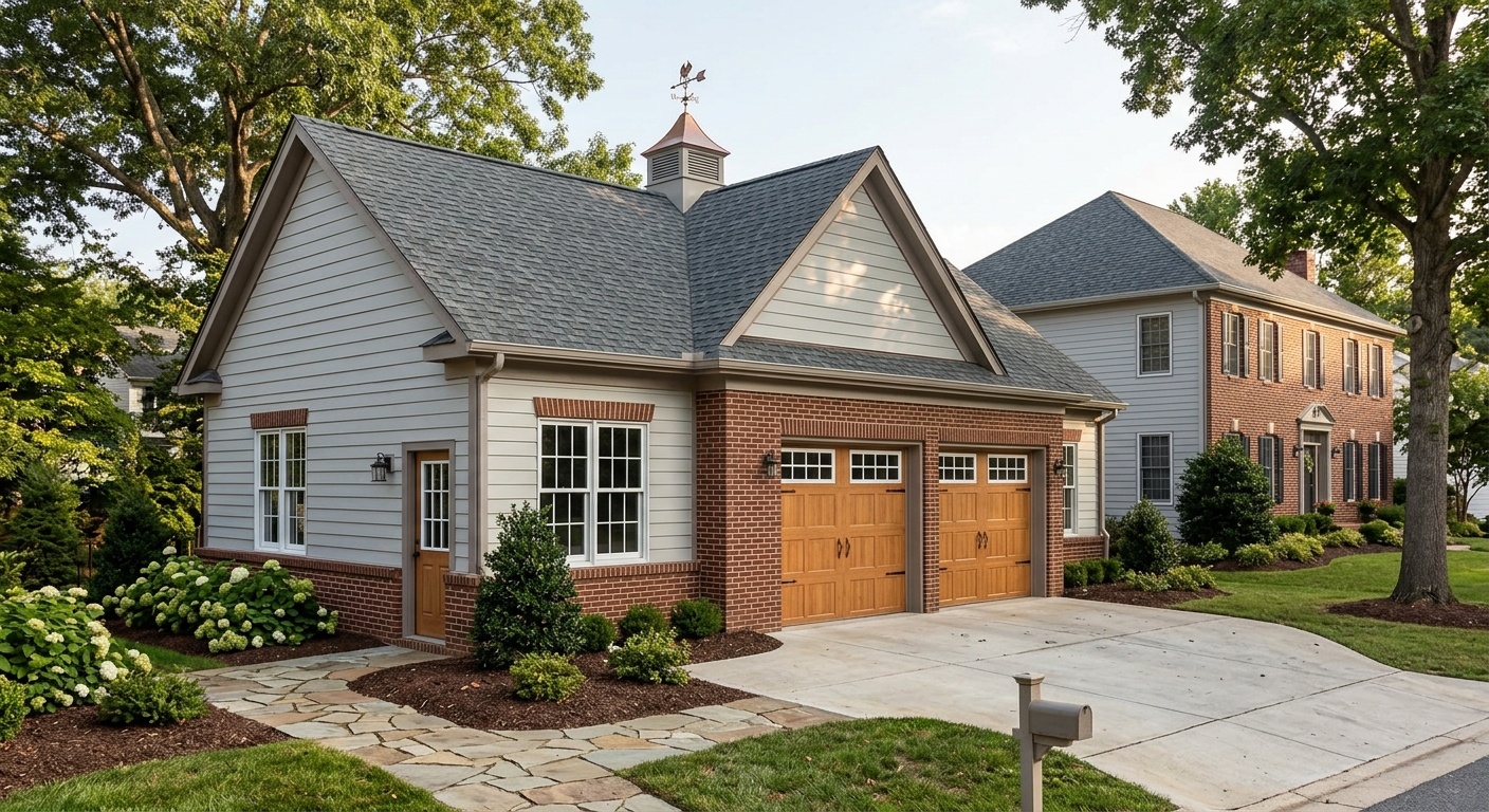 Traditional 3-car garage with carriage-house doors, gable roof, and brick accents