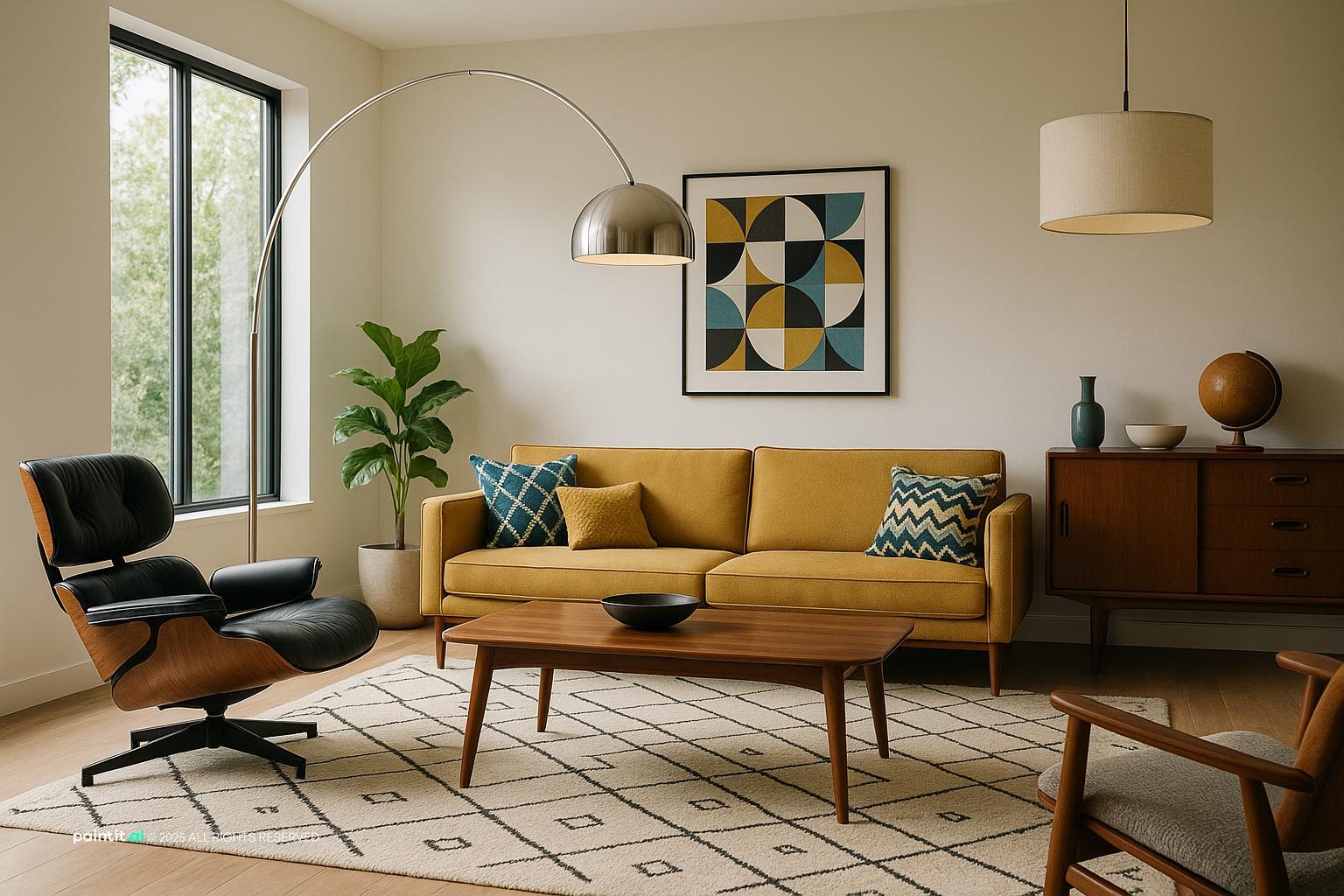 Mid-Century Modern Living Room Design with Clean-lined Furniture showing teal accents, warm wood, clean-lined furniture for Teal Living Room Ideas.