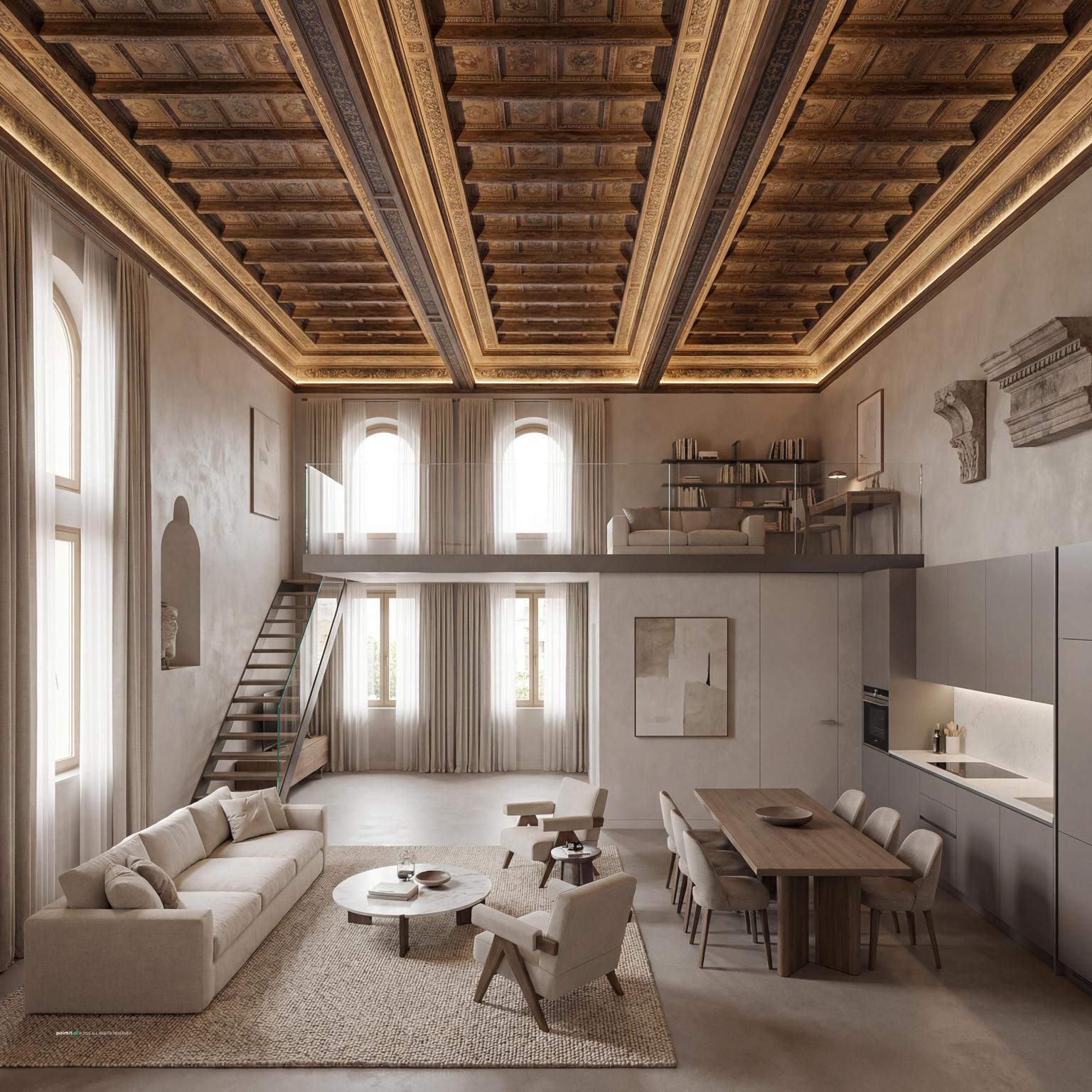Apartment with a coffered, frescoed ceiling, tall arched windows and pale stone surfaces
