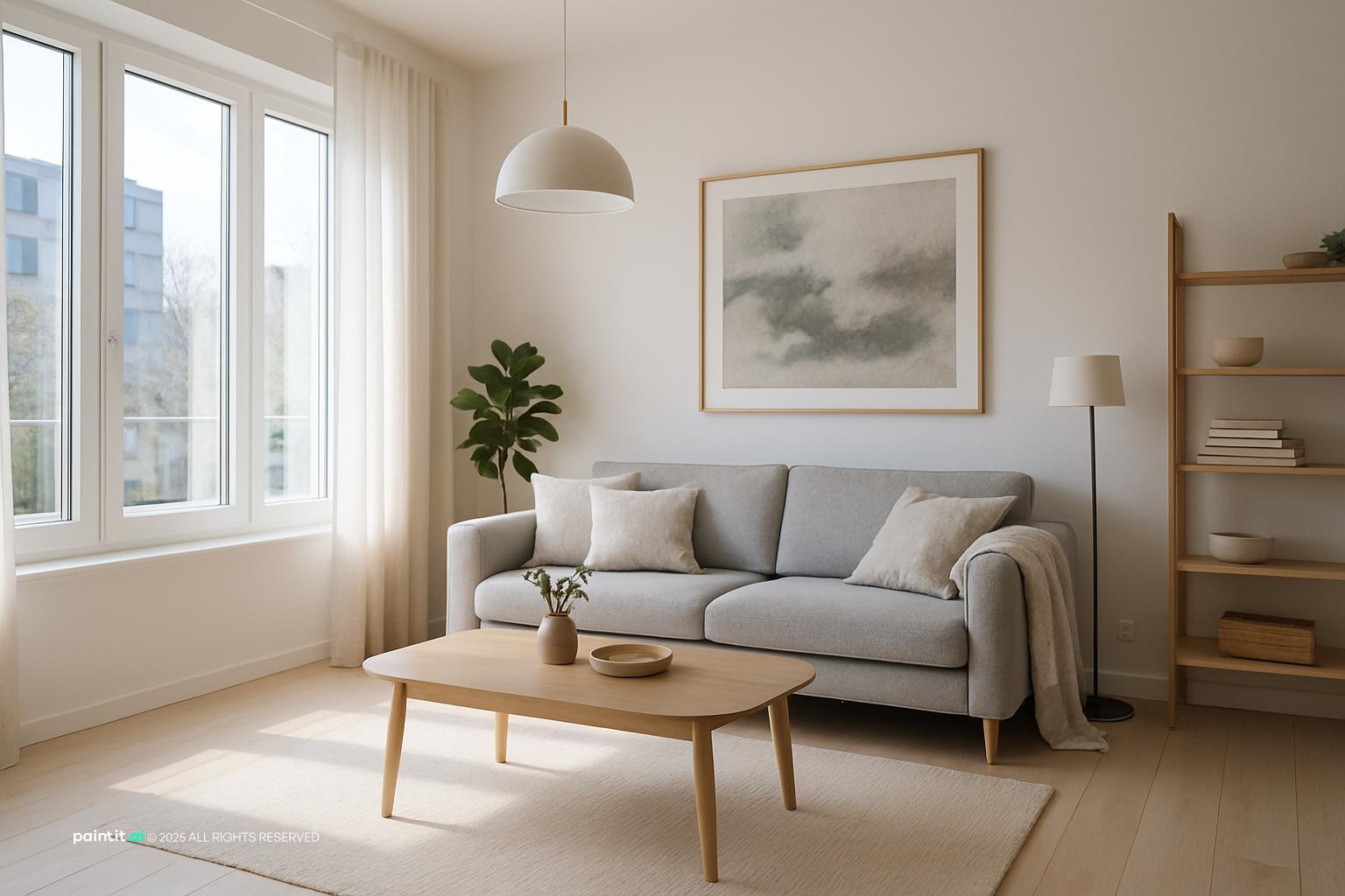 Light grey sofa with a white throw, a wooden coffee table and a ladder shelf