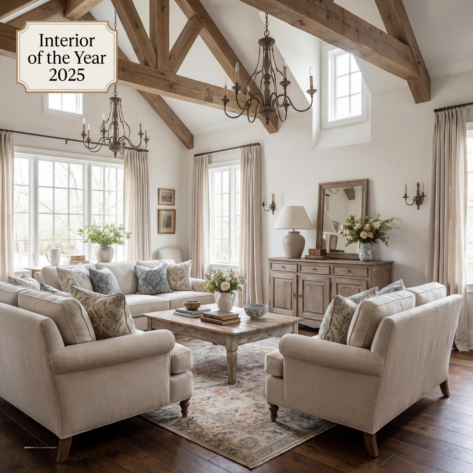 A charming 1940s living room with French Country influences, showcasing soft textures, traditional decor, and a welcoming, homey atmosphere.