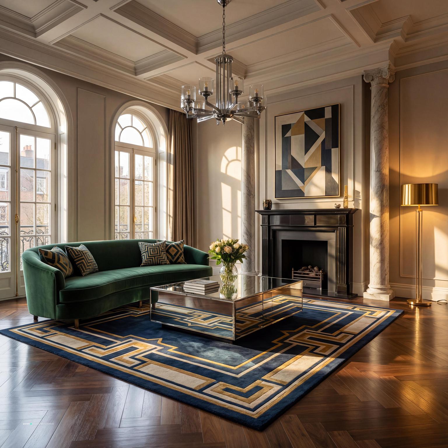 Luxurious Art Deco living room design, featuring rich woods, geometric patterns, and classic comfort for a 1930s aesthetic.