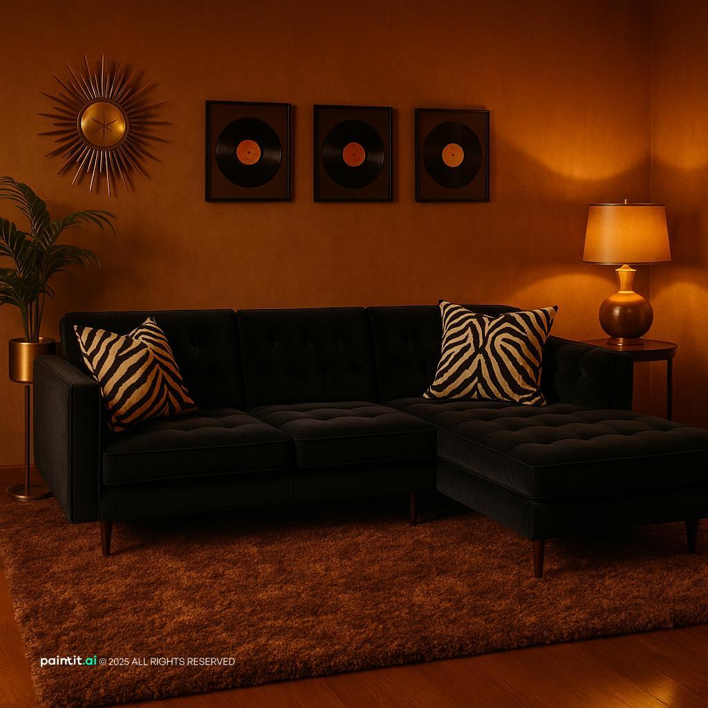 Glam Blaxploitation Living Room Design, truly a 70s inspired masterpiece.