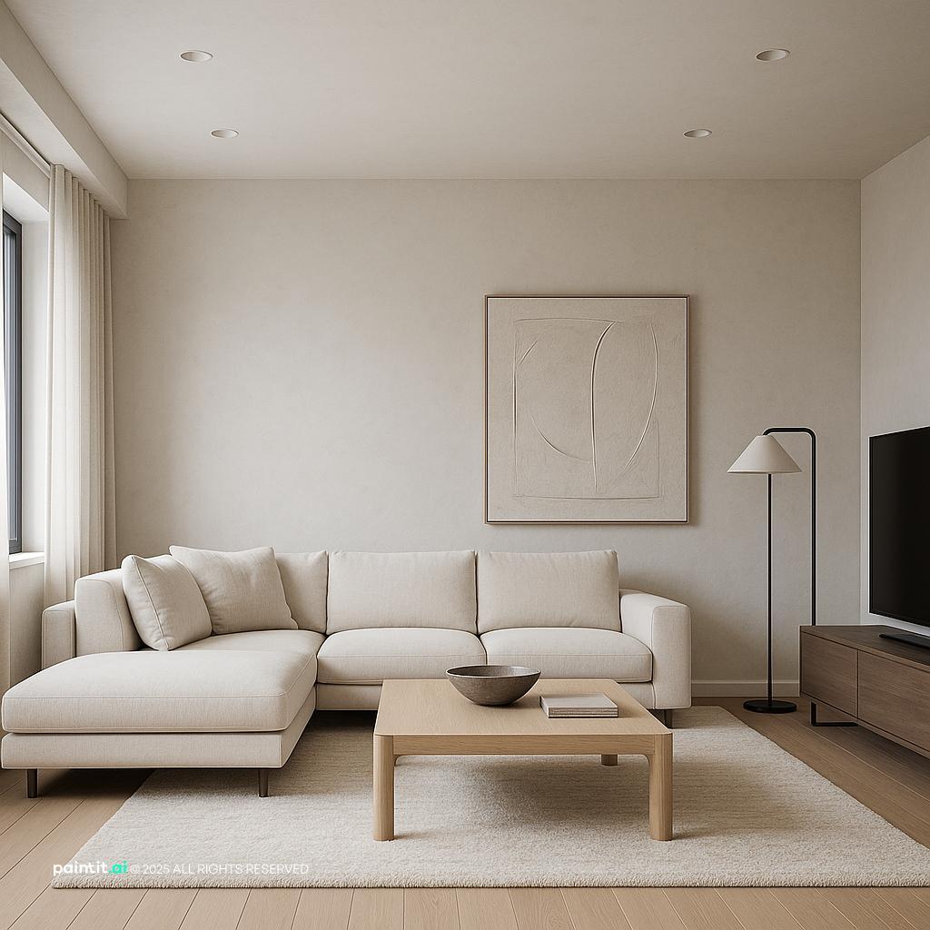 Modern living room with off-white walls, a cream sectional, a pale wooden coffee table and a floor lamp
