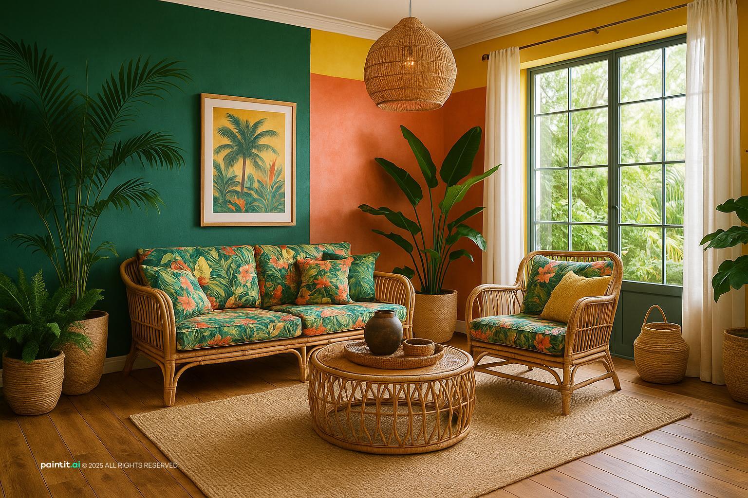 yellow and turquoise living room with natural textures and a calm living room atmosphere for a calmer living room layout.