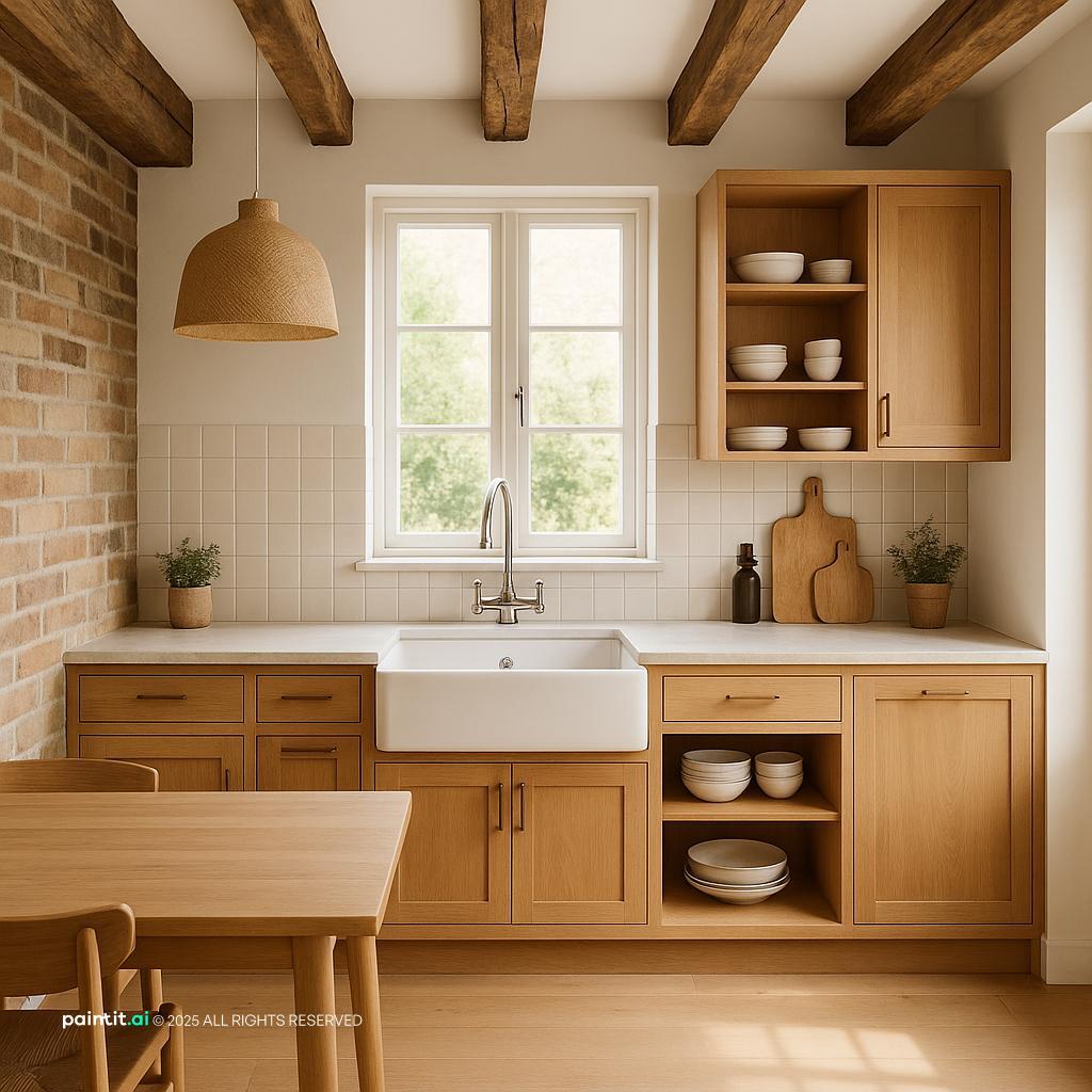 Kitchen with light oak cabinets, open shelves, a white brick wall, ceiling beams and a farmhouse sink