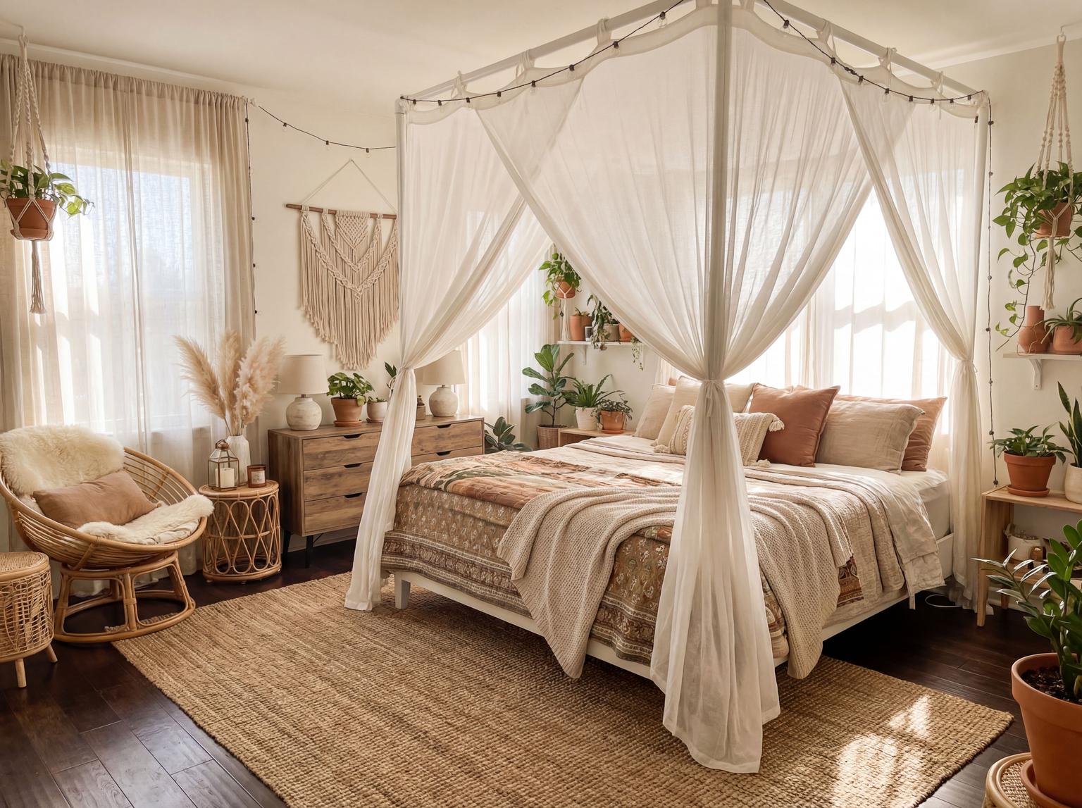 Stunning Boho-Chic Bedroom with Rattan Accents for Bohemian Style Interior Design Characteristics