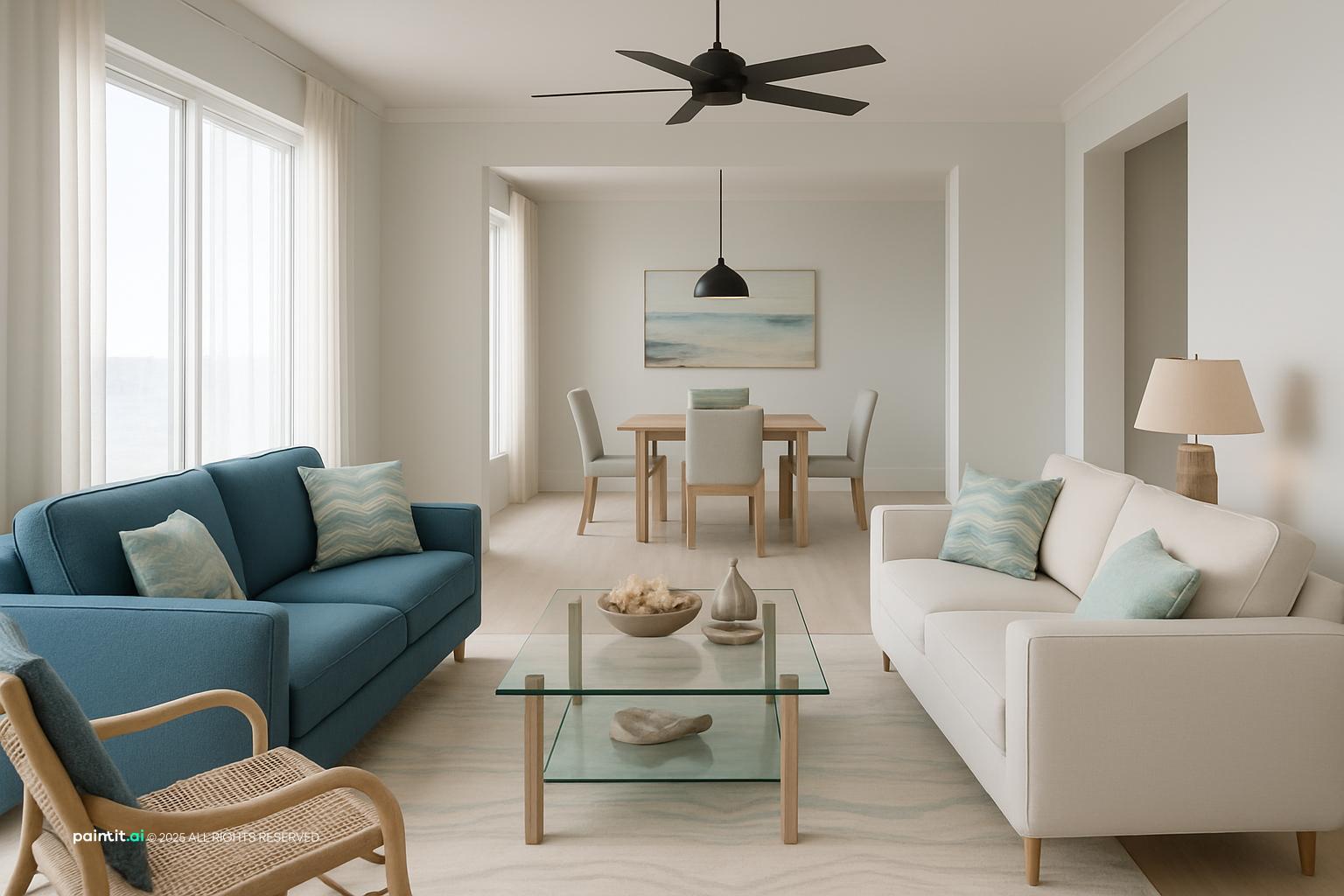 Living room with a blue sofa, white armchairs, a glass coffee table and a ceiling fan near the water