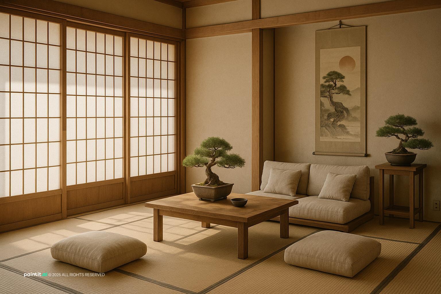 zen japanese minimalist living room with natural textures and a calm living room atmosphere for a calmer living room layout.