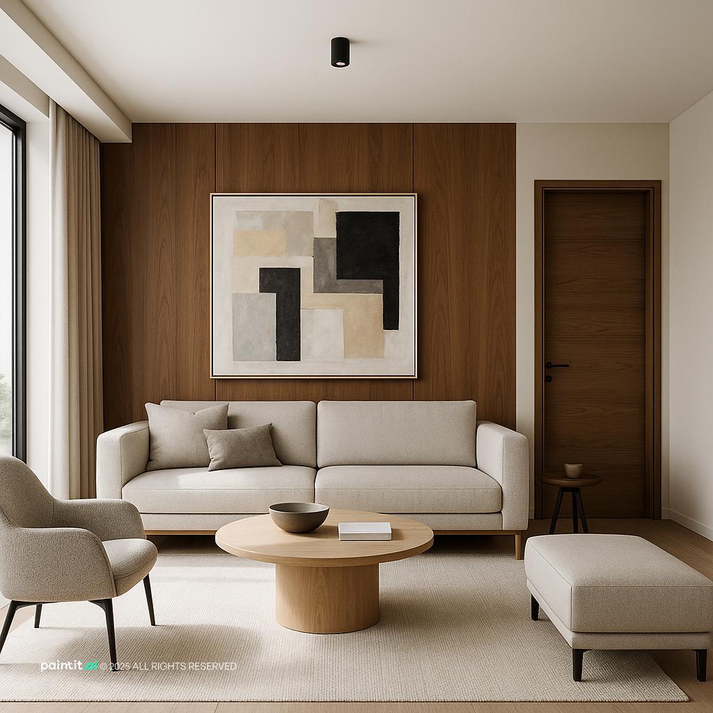 Contemporary Living Room Design Inspiration showing wall paneling detail, metal accents, clean-lined furniture for Living Room Wall Paneling Ideas.