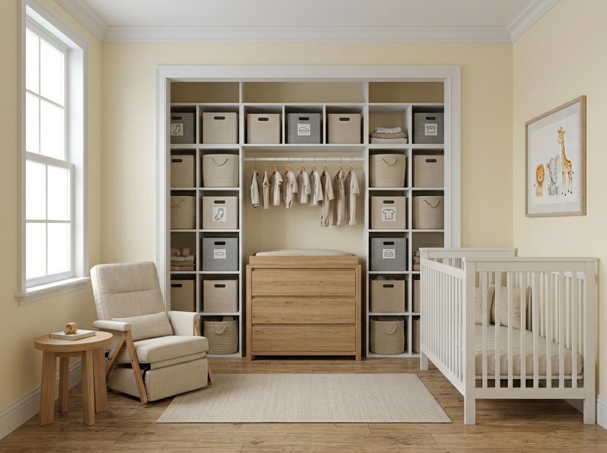 Tiny nursery with a dresser placed inside the closet to free up floor space