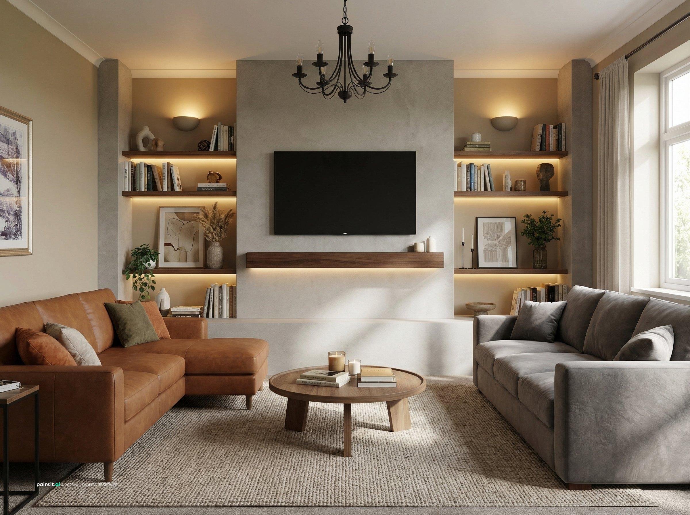 Living room with a cognac leather sectional, a grey sofa and lit shelving