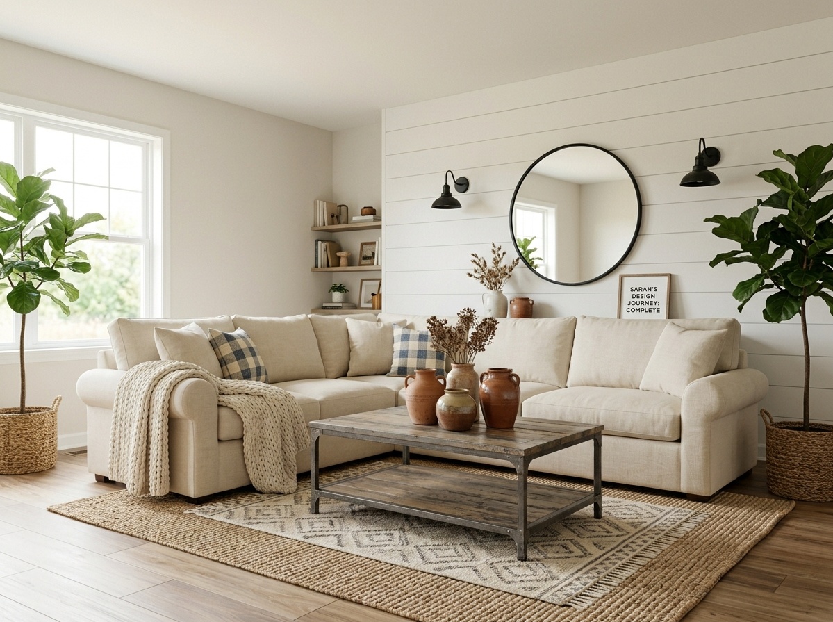 Completed Modern Farmhouse living room with cream sofa, shiplap wall, layered rugs, metal coffee table, black sconces, and fiddle-leaf fig plants