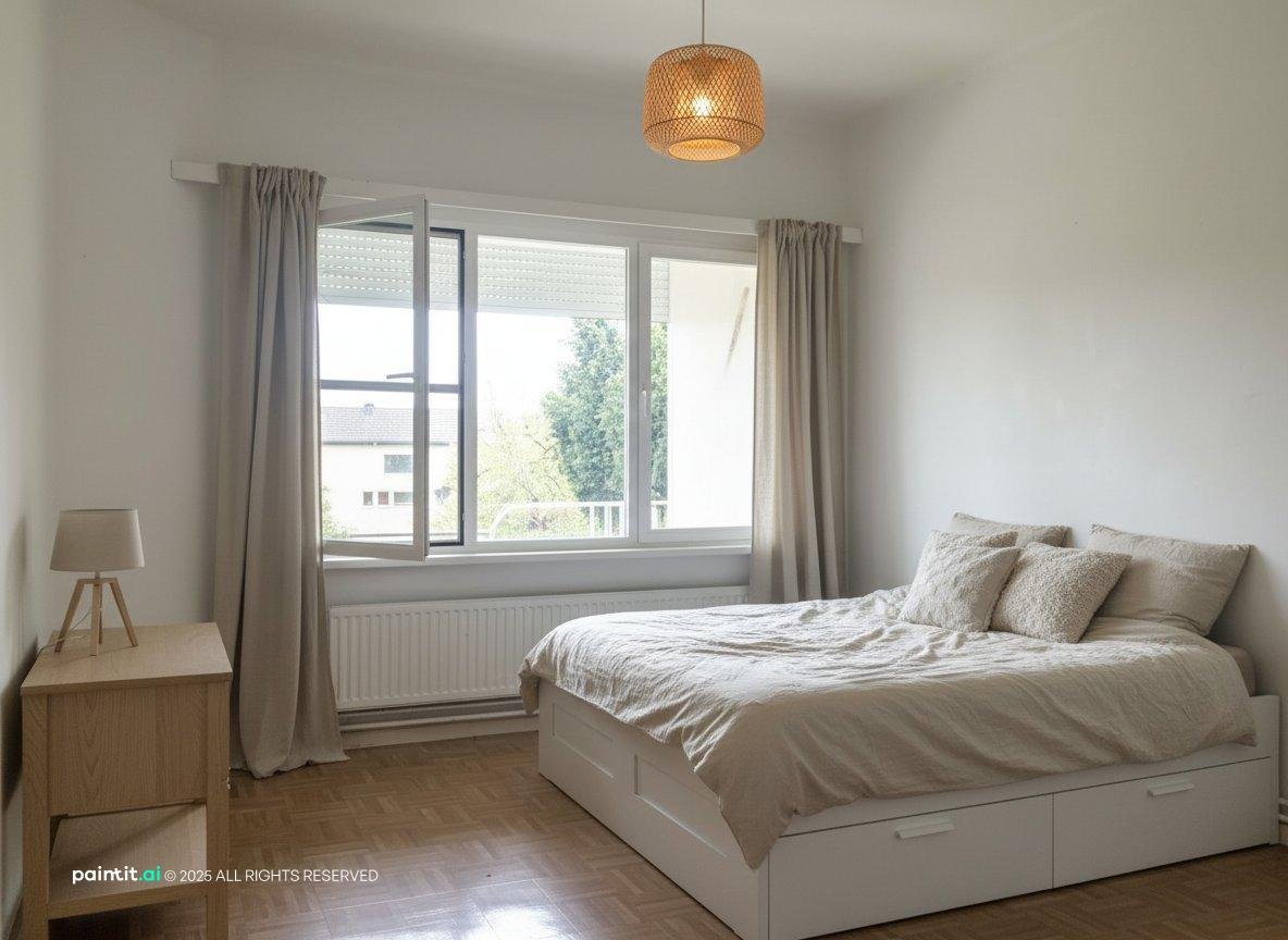 Condo bedroom with a storage bed with drawers underneath, white linens and a window with sheer curtains
