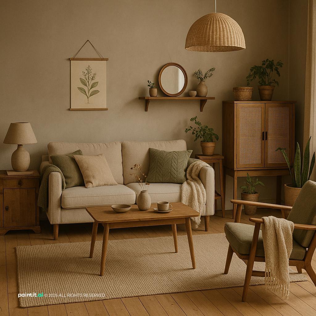 Vintage Scandinavian Living Room Design showing plants and greenery for Living Room Design Ideas.