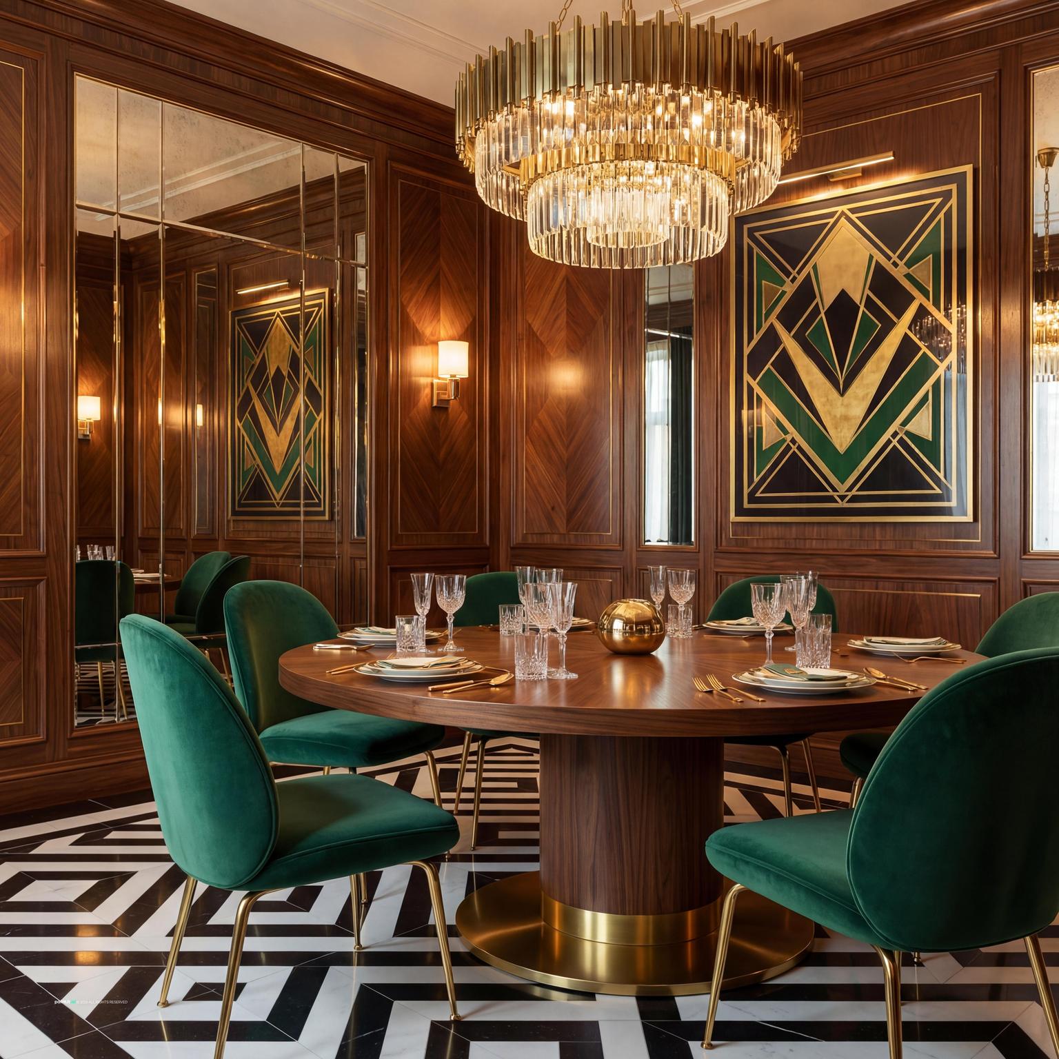 Glamorous Art Deco Dining Room with Velvet Seating for 1920 Interior Design Style