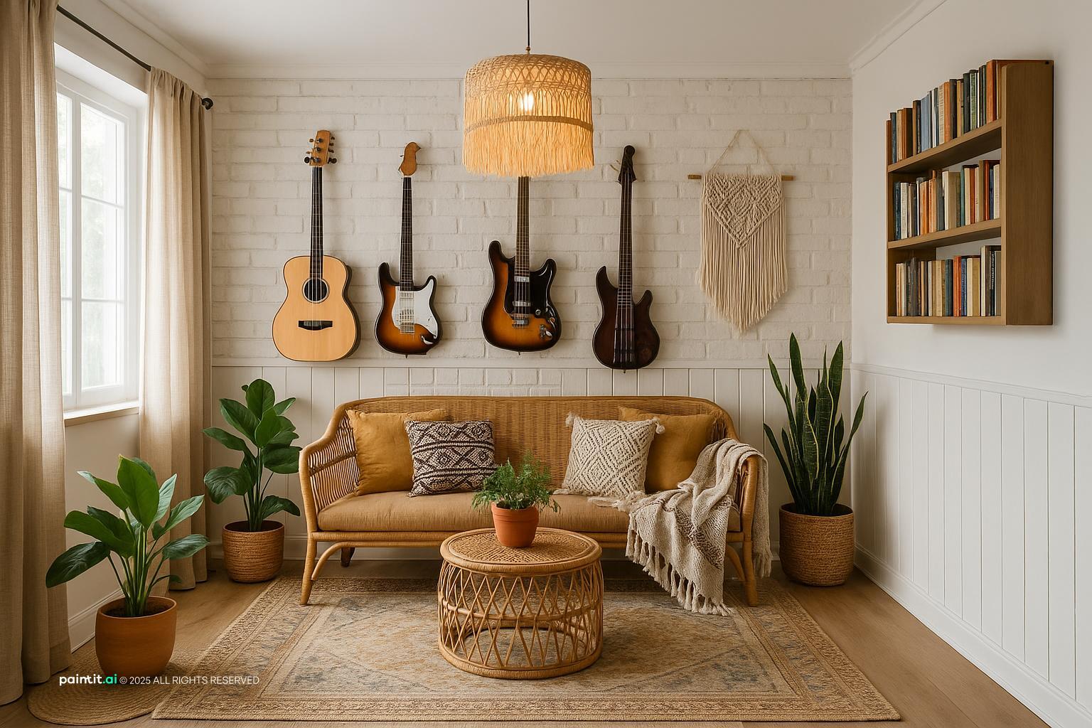 Living room with white-painted board walls, guitars hung on the wall, a rattan pendant and plants