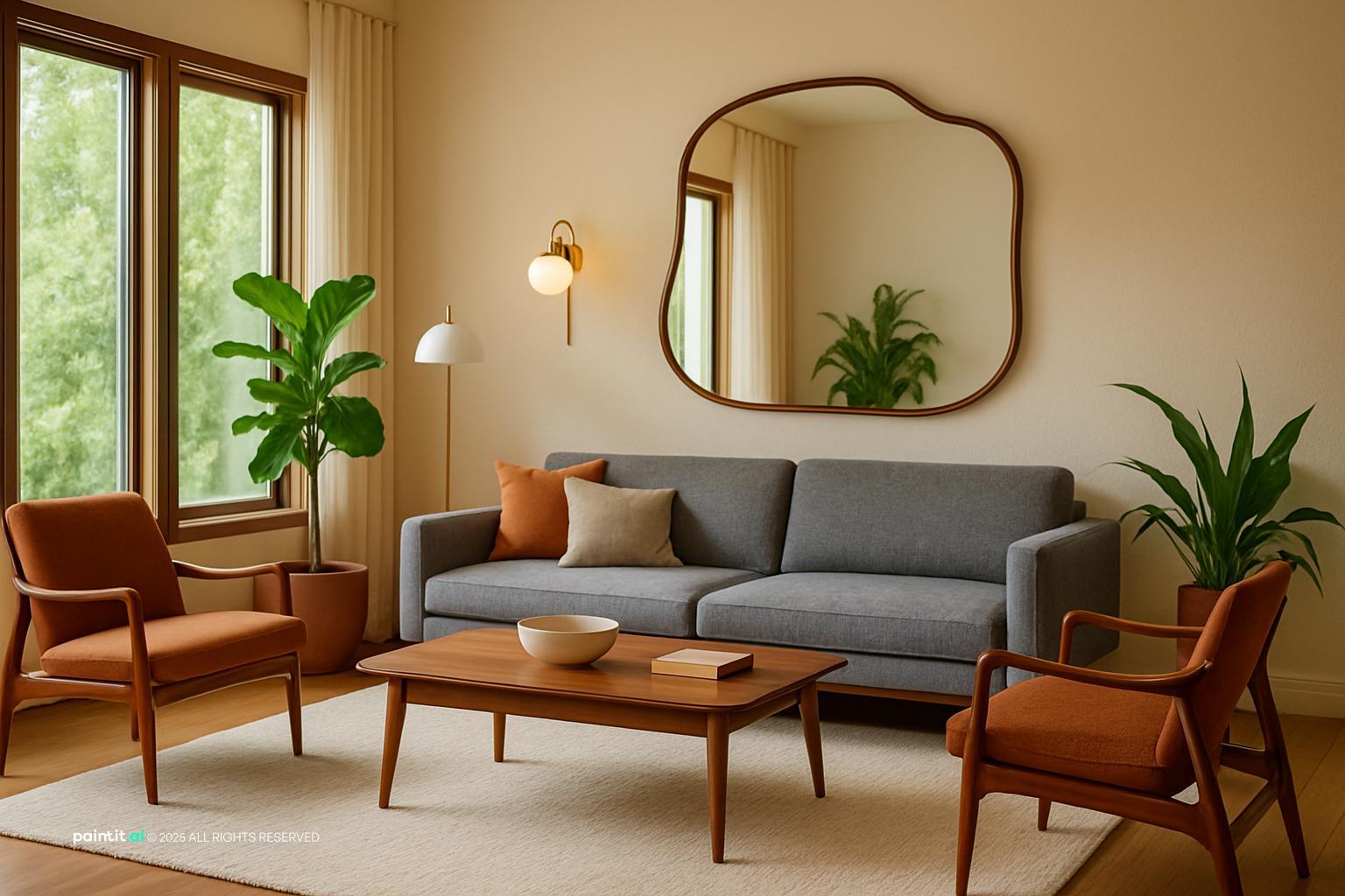 Living room with a grey sofa, rust leather armchairs, a wooden coffee table and a wavy mirror on a warm beige wall