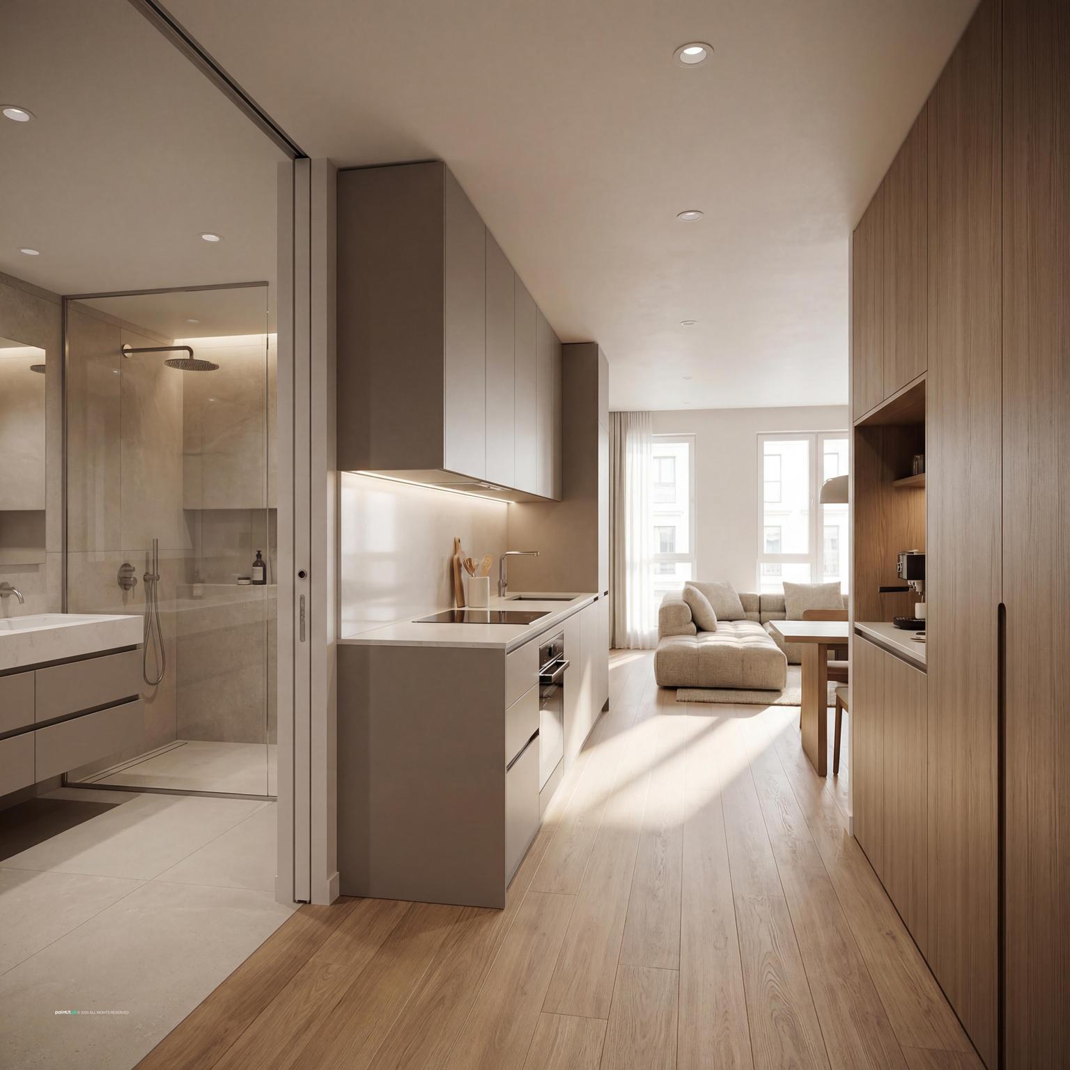 Condo entry hall with a full-height wall of storage on one side and the kitchen on the other