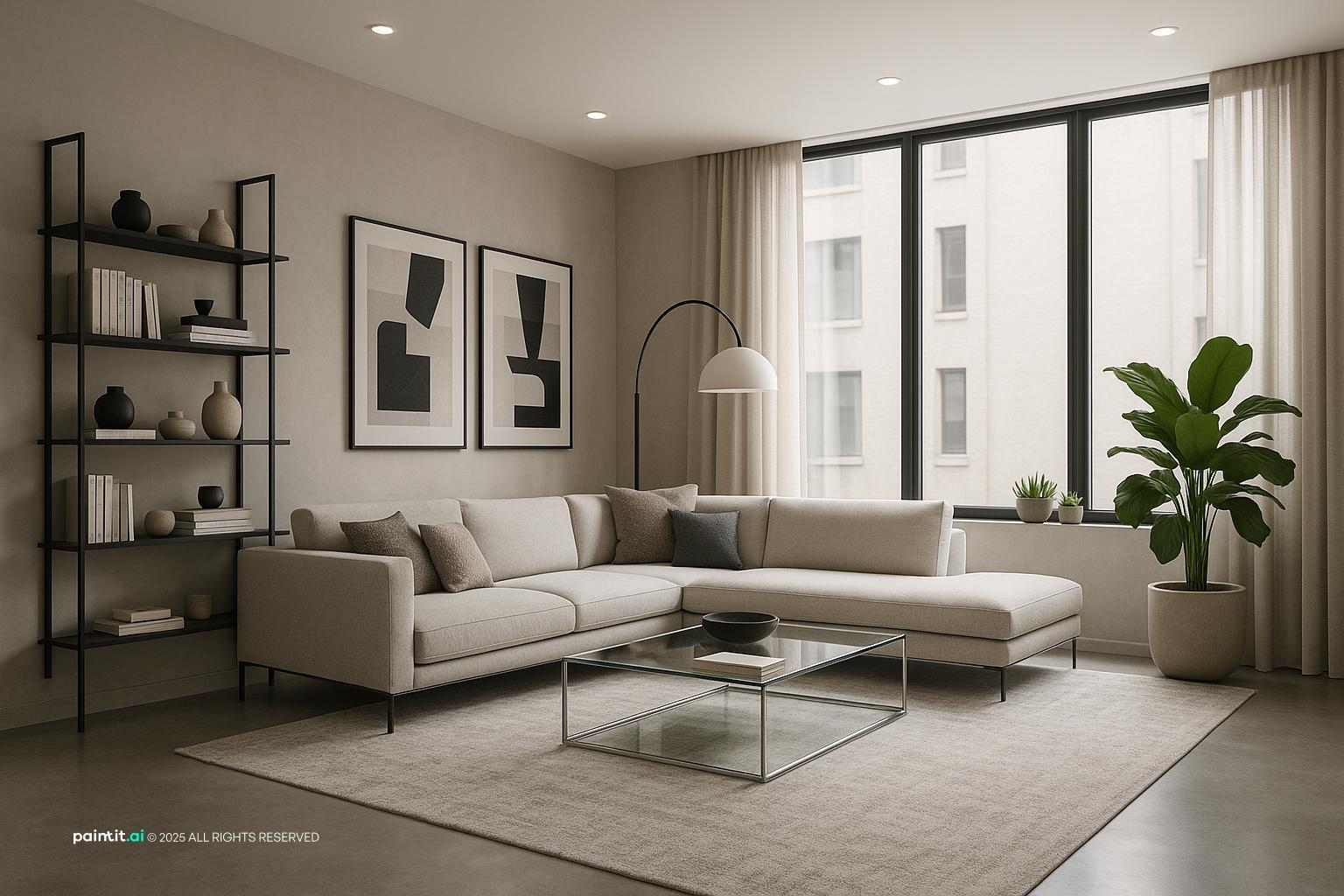 Modern minimalist living room decor for apartment, sophisticated urban space with neutral tones & sleek design.