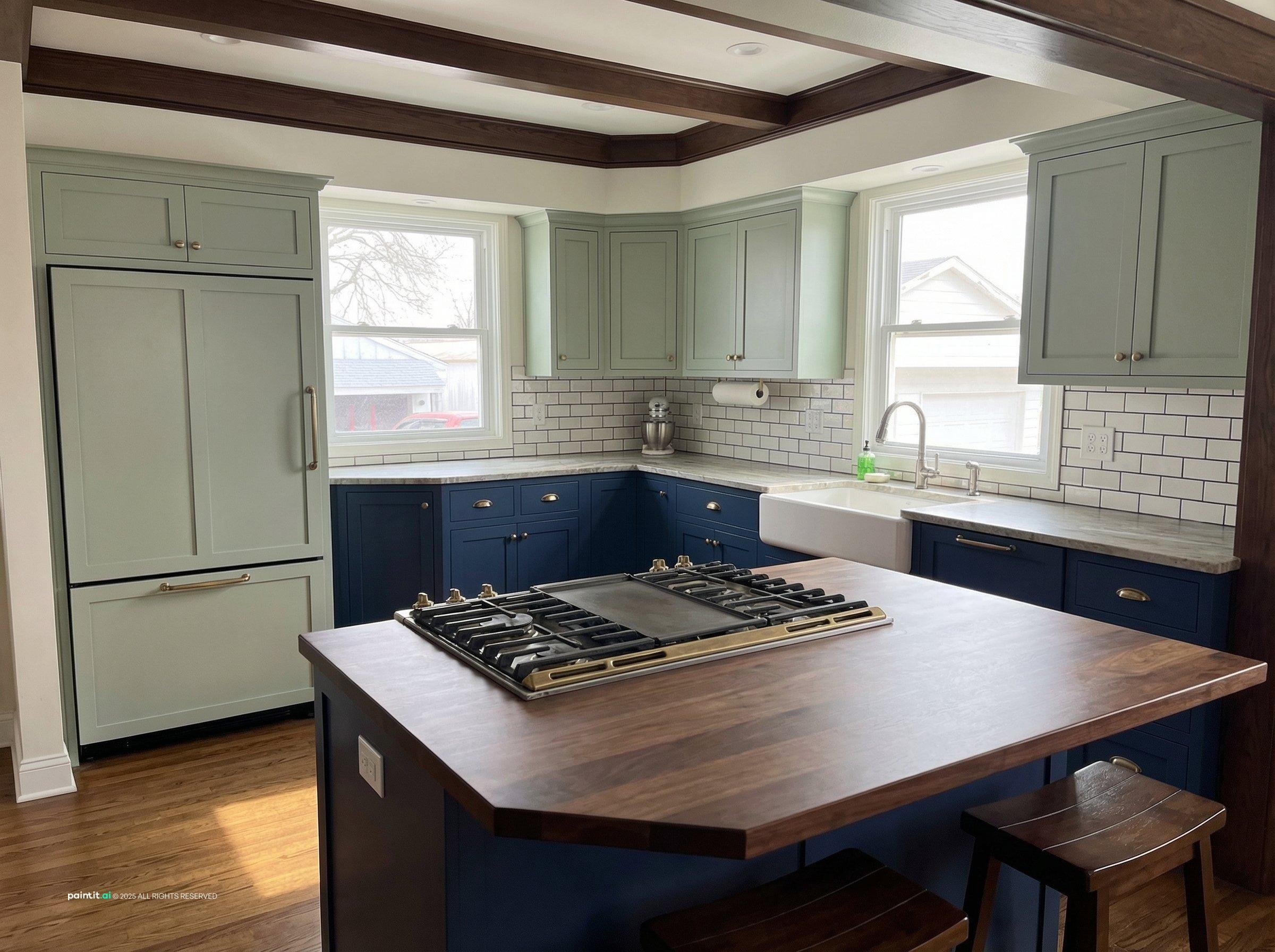 Updated craftsman-style kitchen with navy island and exposed beams