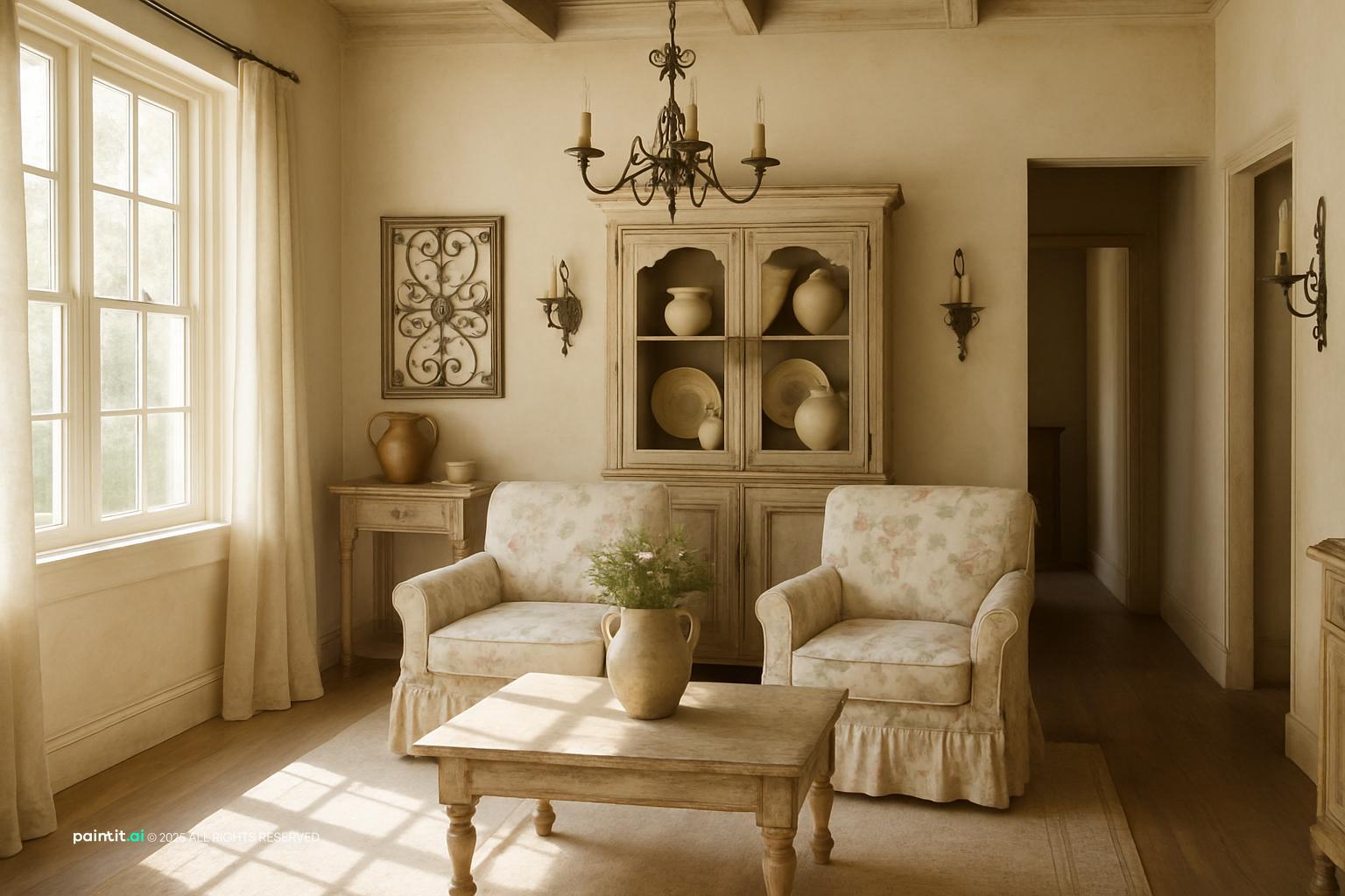 French country living room with a hutch displaying plates, floral armchairs and a distressed coffee table