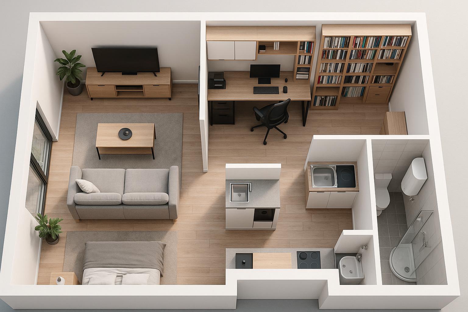Modern Open-Concept Studio Apartment Design with daylight and lighting and a calm living room atmosphere.